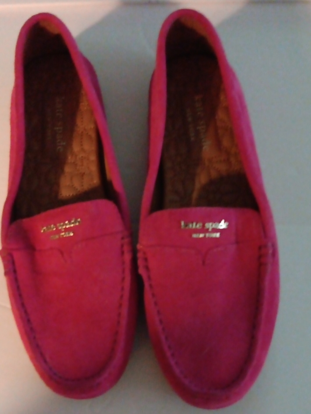 kate spade Hot Pink Suede Loafers with Gold Logo